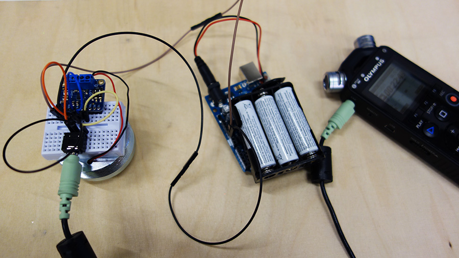 Prototyping surface speaker with wired stereo Class D amplifier, battery pack and recorder/player.08-02-17 Prototyping surface speaker with wired stereo Class D amplifier, battery pack and recorder/player. 08-02-17
