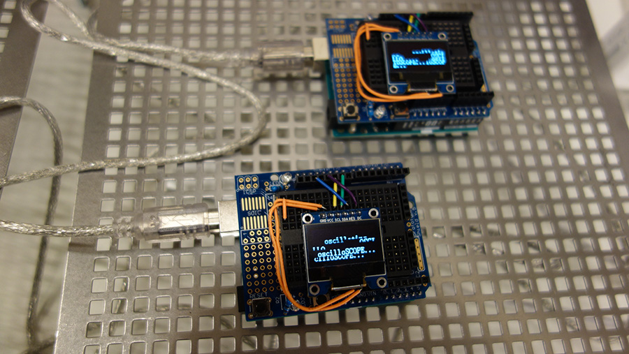 Glitched 'Oscilloscope' text scrolling on Arduino OLED screens. 08-02-17 Glitched 'Oscilloscope' text scrolling on Arduino OLED screens. 08-02-17